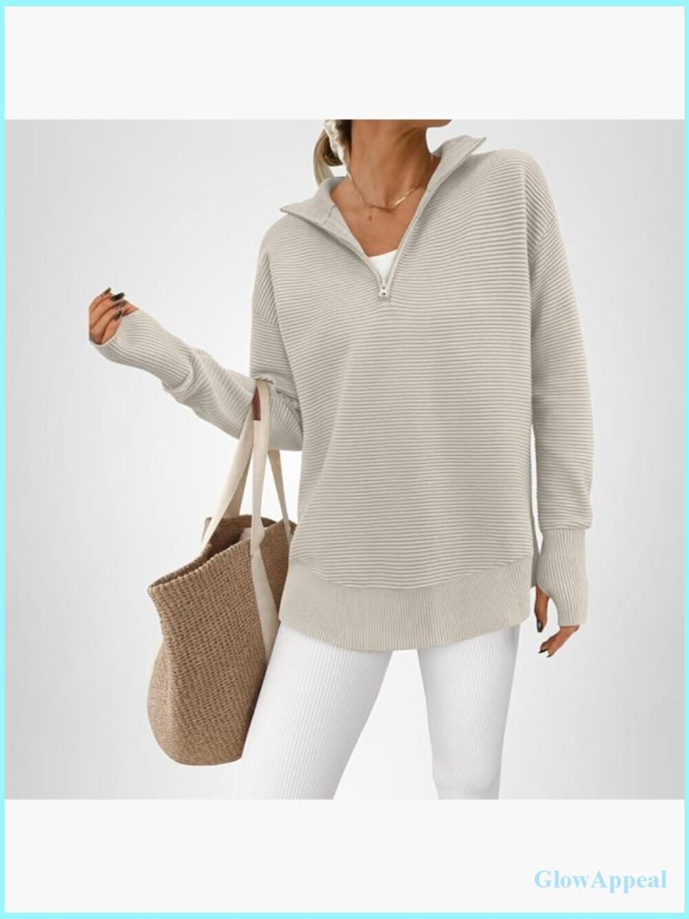 Long Sleeve Quarter Zip Pullover V Neck Ribbed Knit Tunic